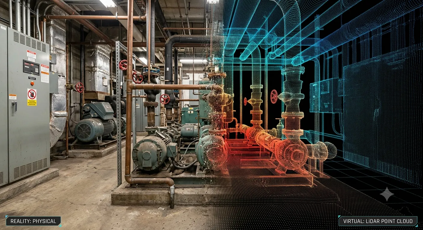 A mechanical room shown half as a photograph and half as a LiDAR point cloud of the same pumps and piping