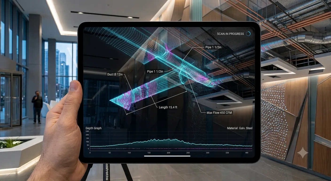 View through an iPad screen during a live room scan: overhead ductwork rendered as a glowing point-cloud mesh with dimension callouts