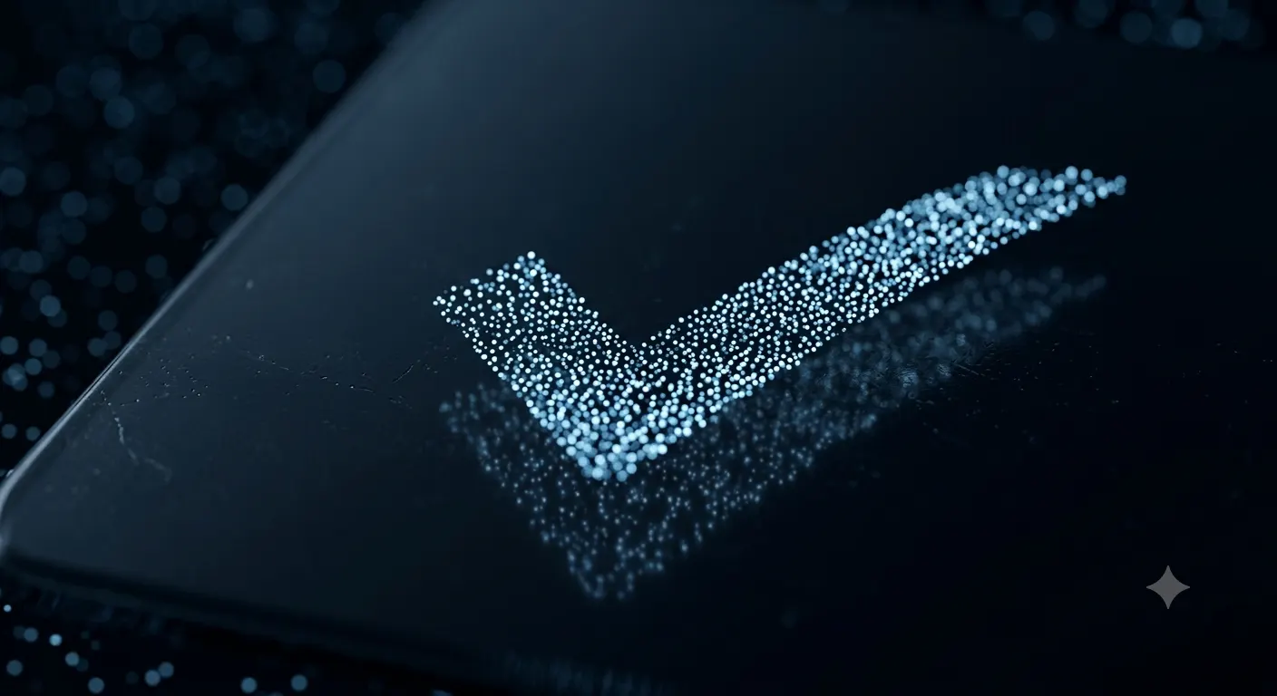 Close-up of tiny points of light converging into a checkmark on dark glass