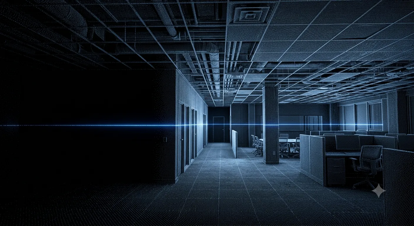 LiDAR scan of a commercial interior — walls, ceiling grid, and ductwork resolving from thousands of steel-blue points as a scan line sweeps the frame