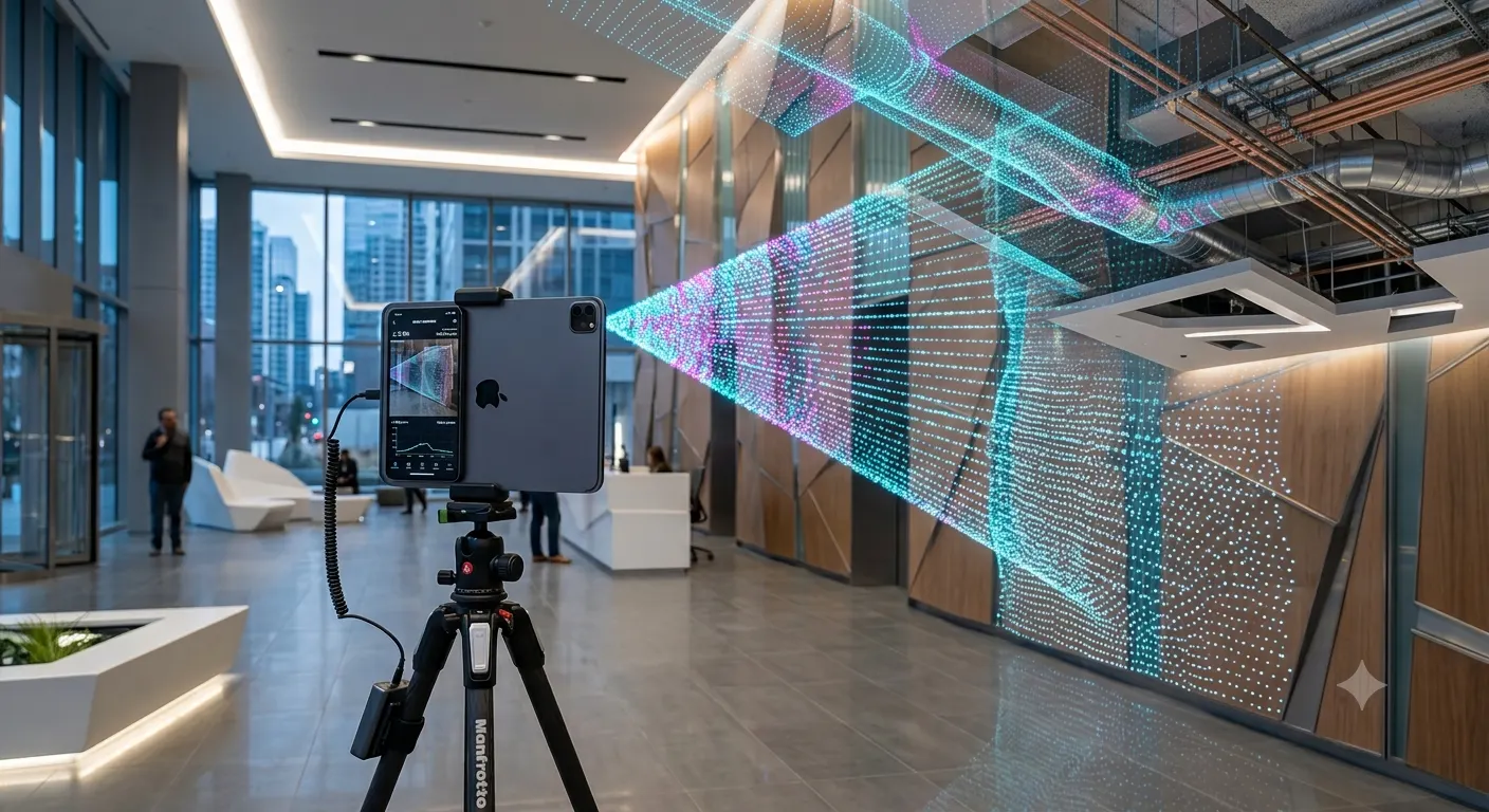 iPad Pro mounted on a tripod, projecting a fan of LiDAR measurement points across a lobby wall and exposed ductwork