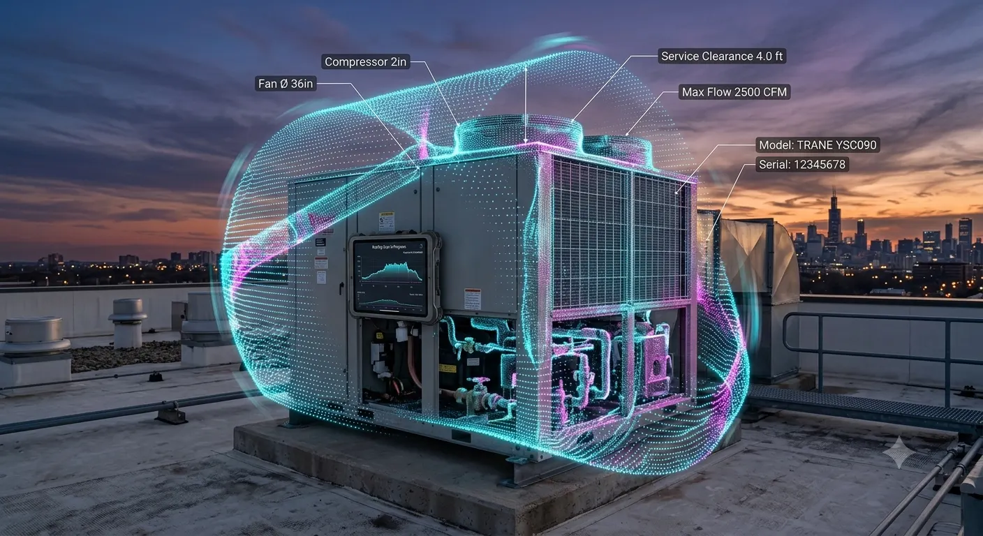 Rooftop HVAC unit wrapped in a LiDAR point-cloud shell tracing its exact geometry, with measurement callouts against a dusk skyline